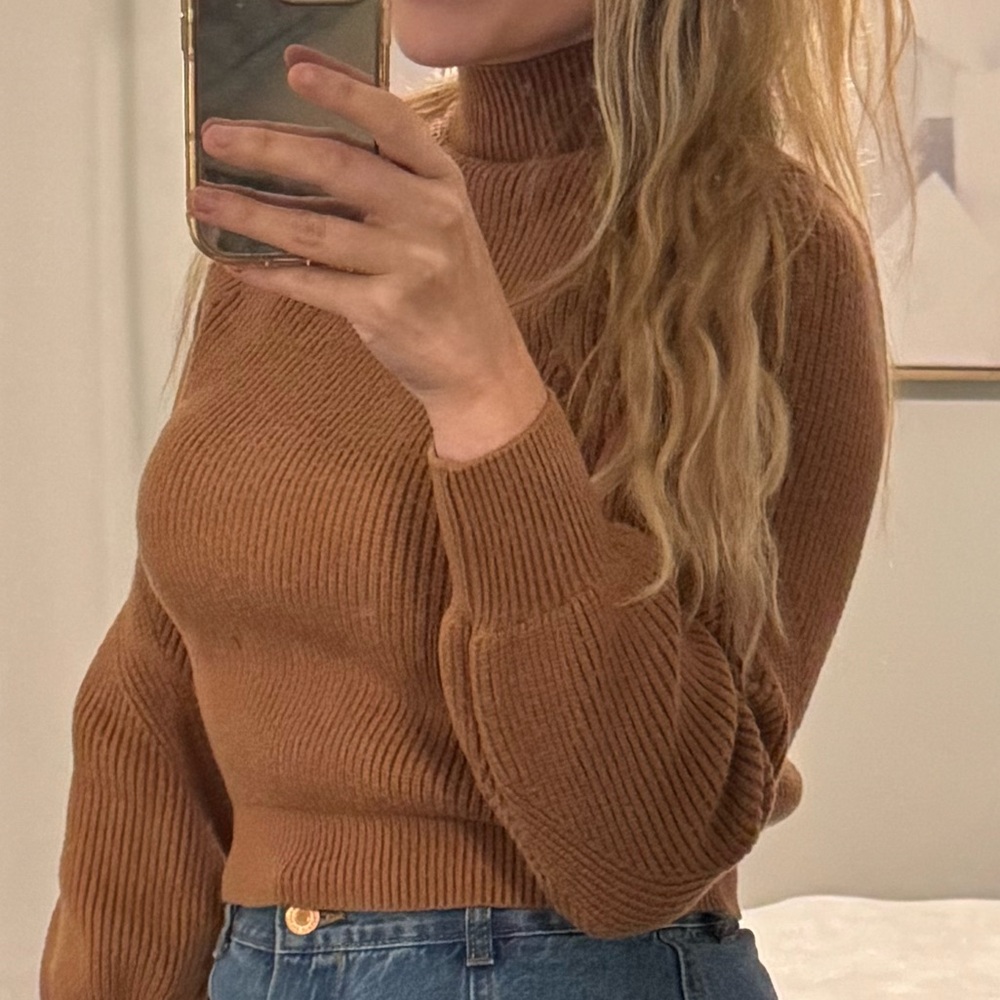 ZARA Brown Ribbed Mock Neck Turtleneck Sweater - Picture 5 of 7